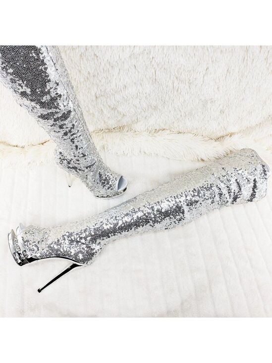 Pleaser Shoes - 3011 Silver Sequin Open Toe Thigh High Heel Boots Blondie